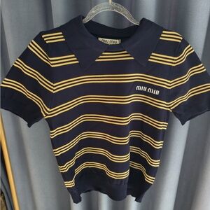 Miu Miu Navy and Yellow Striped Short Sleeve Top